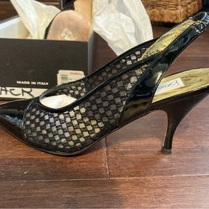 Black patent leather mesh, 3 inch heel slingback pumps